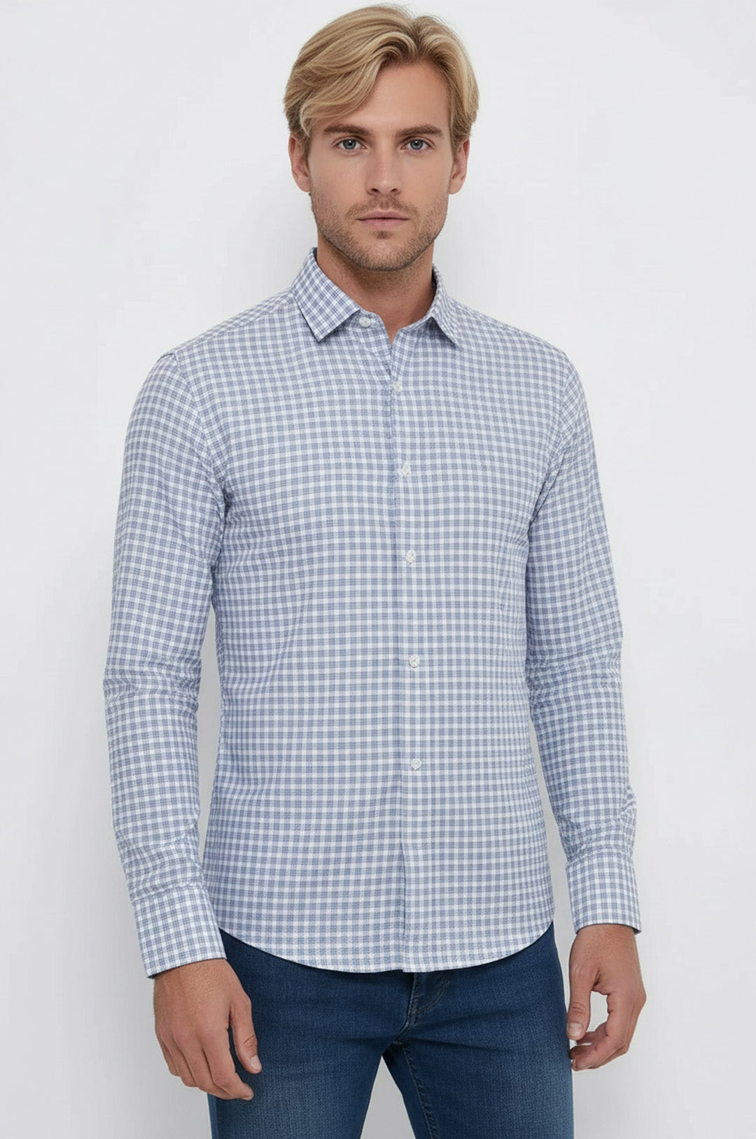 Slim Fit Plaid Patterned Navy Blue Shirt - Wessi