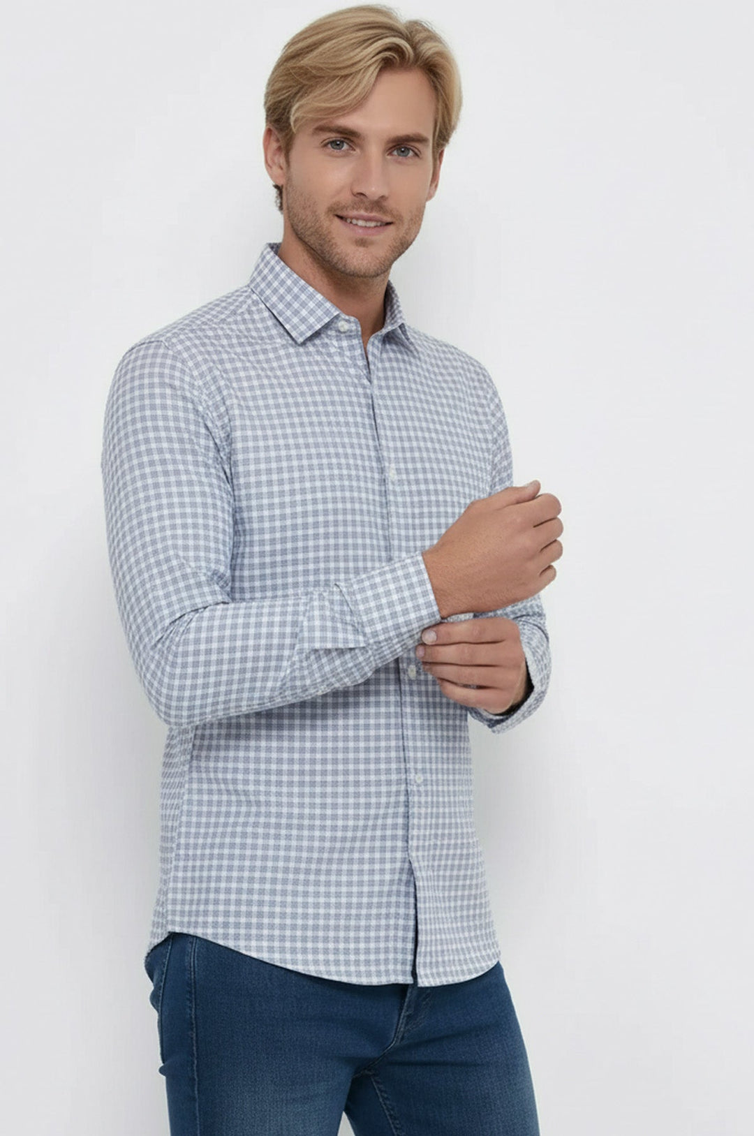 Slim Fit Plaid Patterned Navy Blue Shirt - Wessi