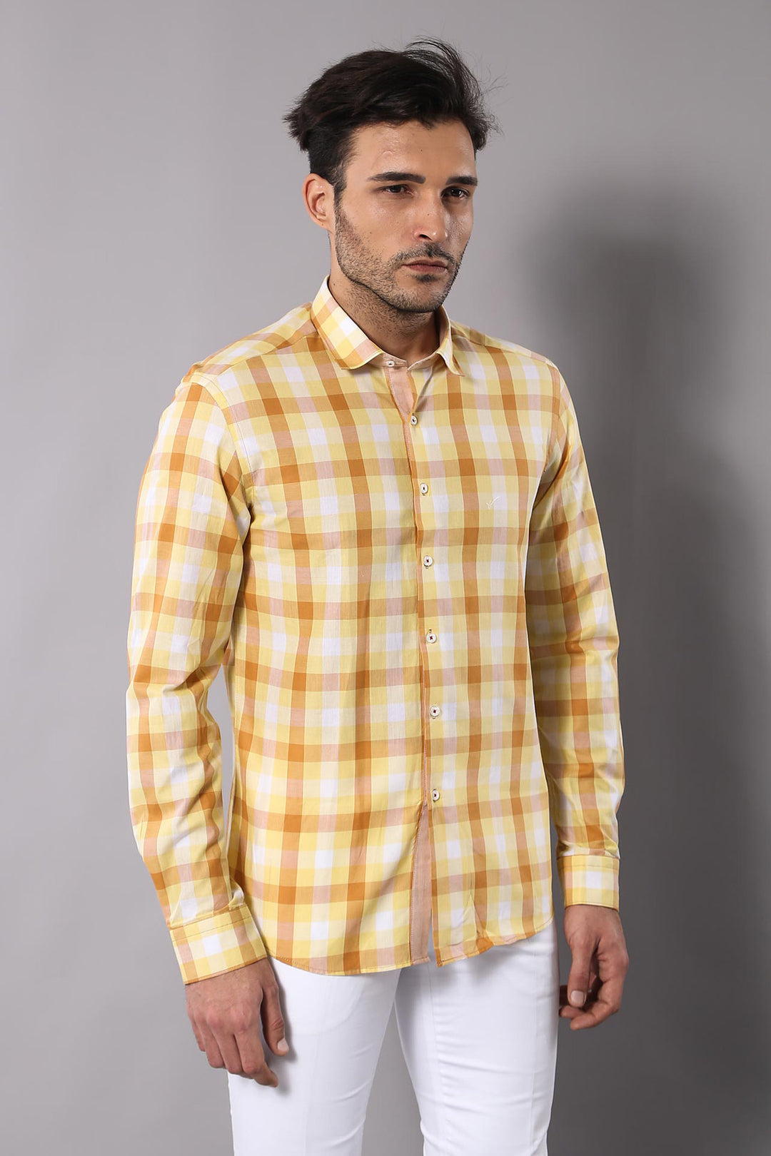 Slim Fit Plaid Patterned Yellow Shirt - Wessi