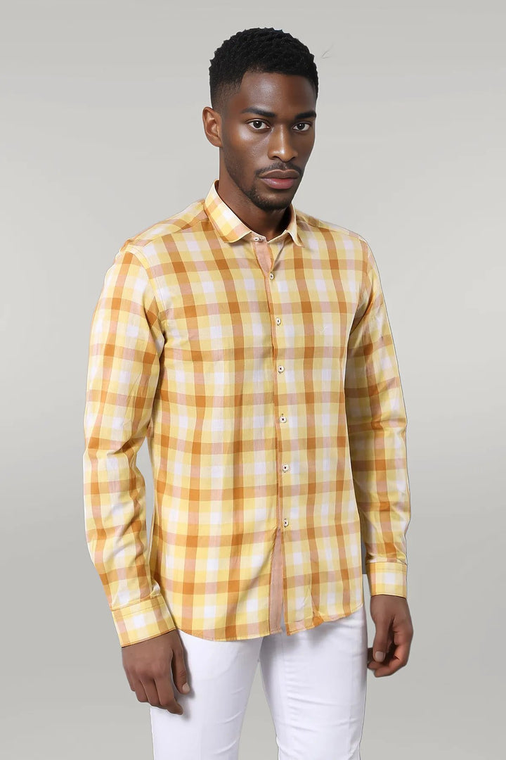 Slim Fit Plaid Patterned Yellow Shirt - Wessi