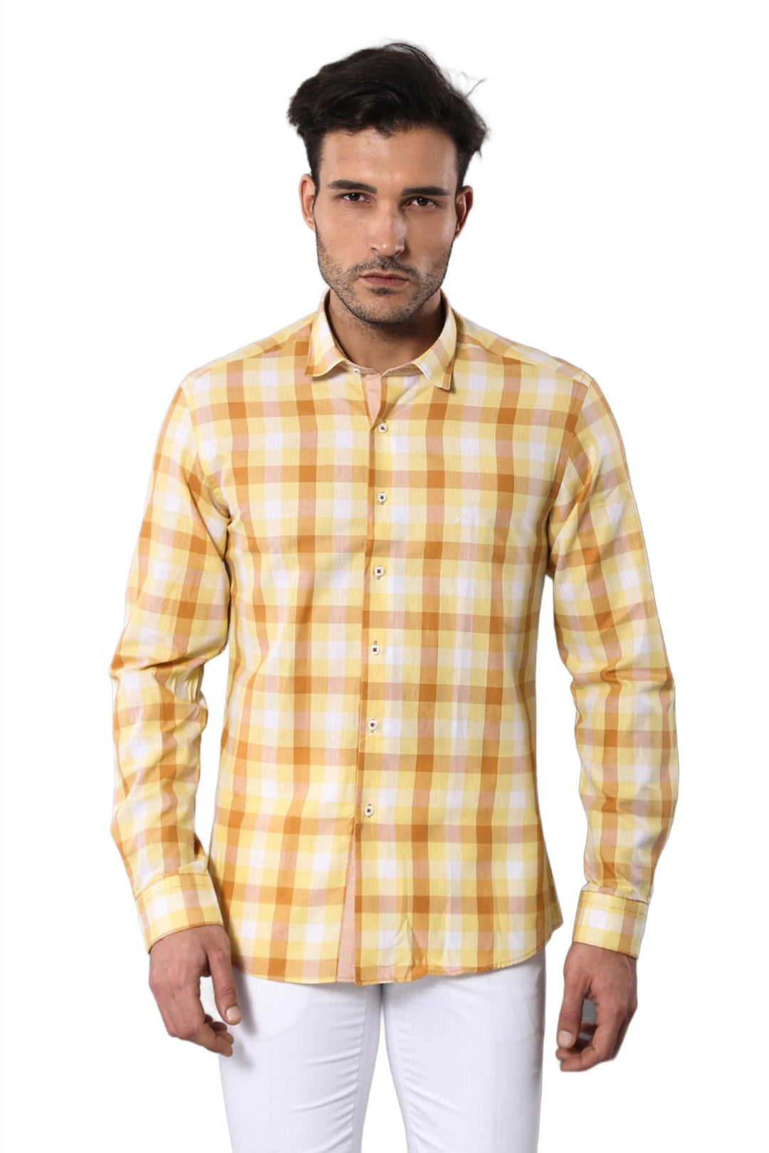 Slim Fit Plaid Patterned Yellow Shirt - Wessi