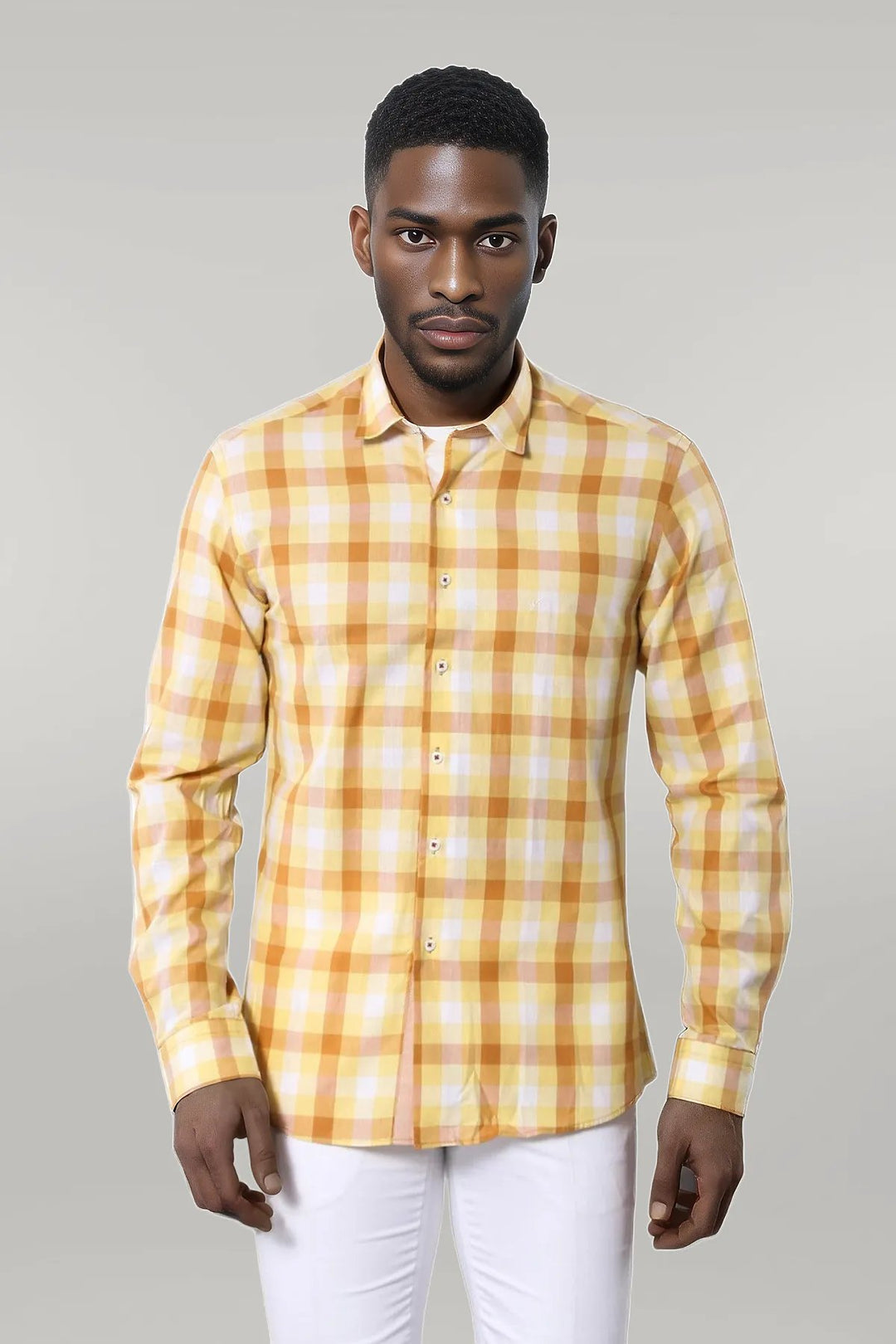 Slim Fit Plaid Patterned Yellow Shirt - Wessi