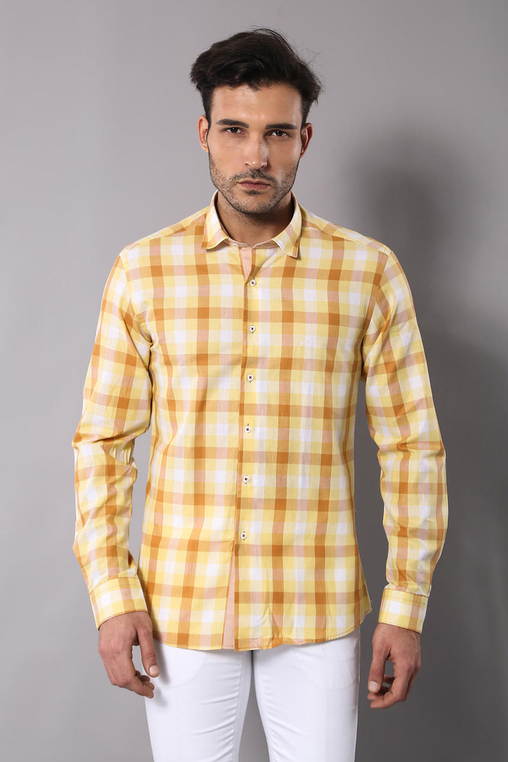 Camisa Slim Fit Estampado De Cuadros Amarilla - Wessi