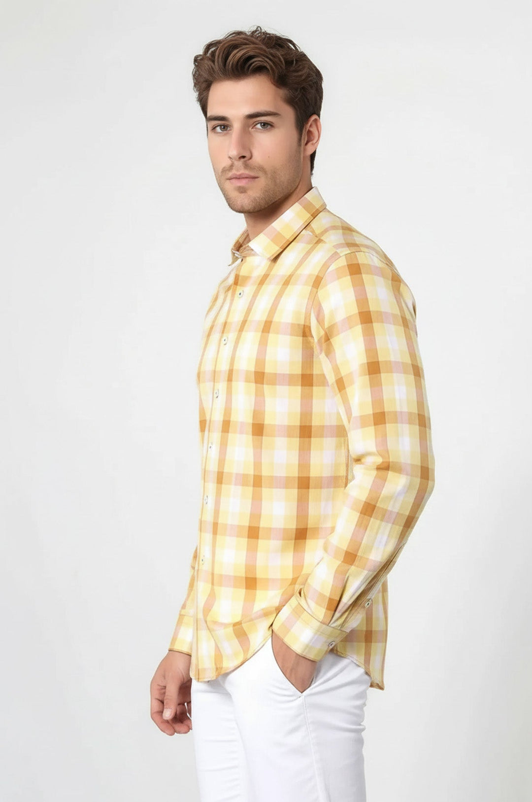Slim Fit Plaid Patterned Yellow Shirt - Wessi
