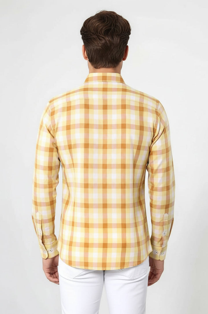 Slim Fit Plaid Patterned Yellow Shirt - Wessi