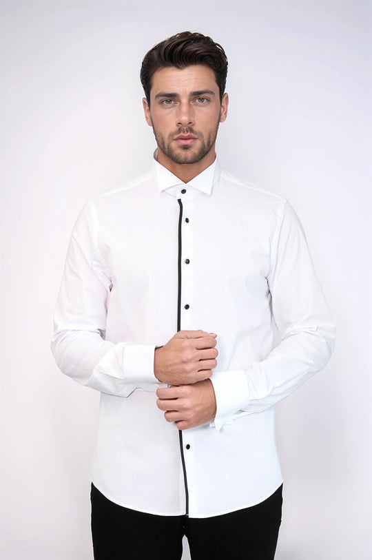 mens black and white striped dress shirt with white collar Men's Black Striped Dress Shirt Tie Combo Chain Collar DN77M