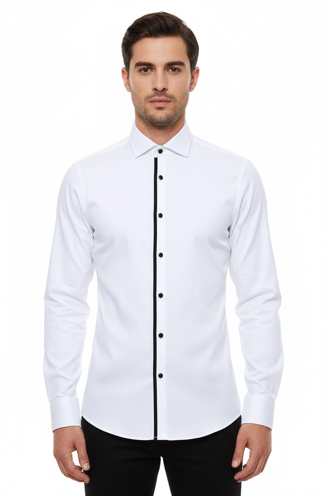 Camisa de esmoquin blanca de manga larga con botones negros para hombre