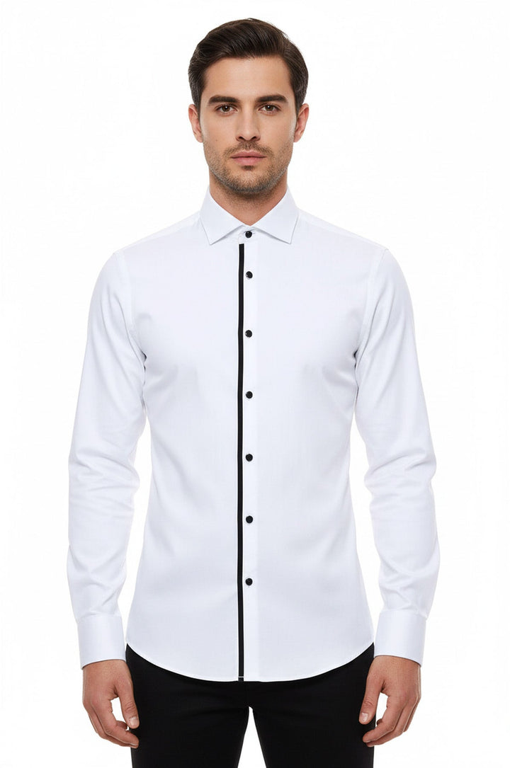 Camisa de esmoquin blanca de manga larga con botones negros para hombre