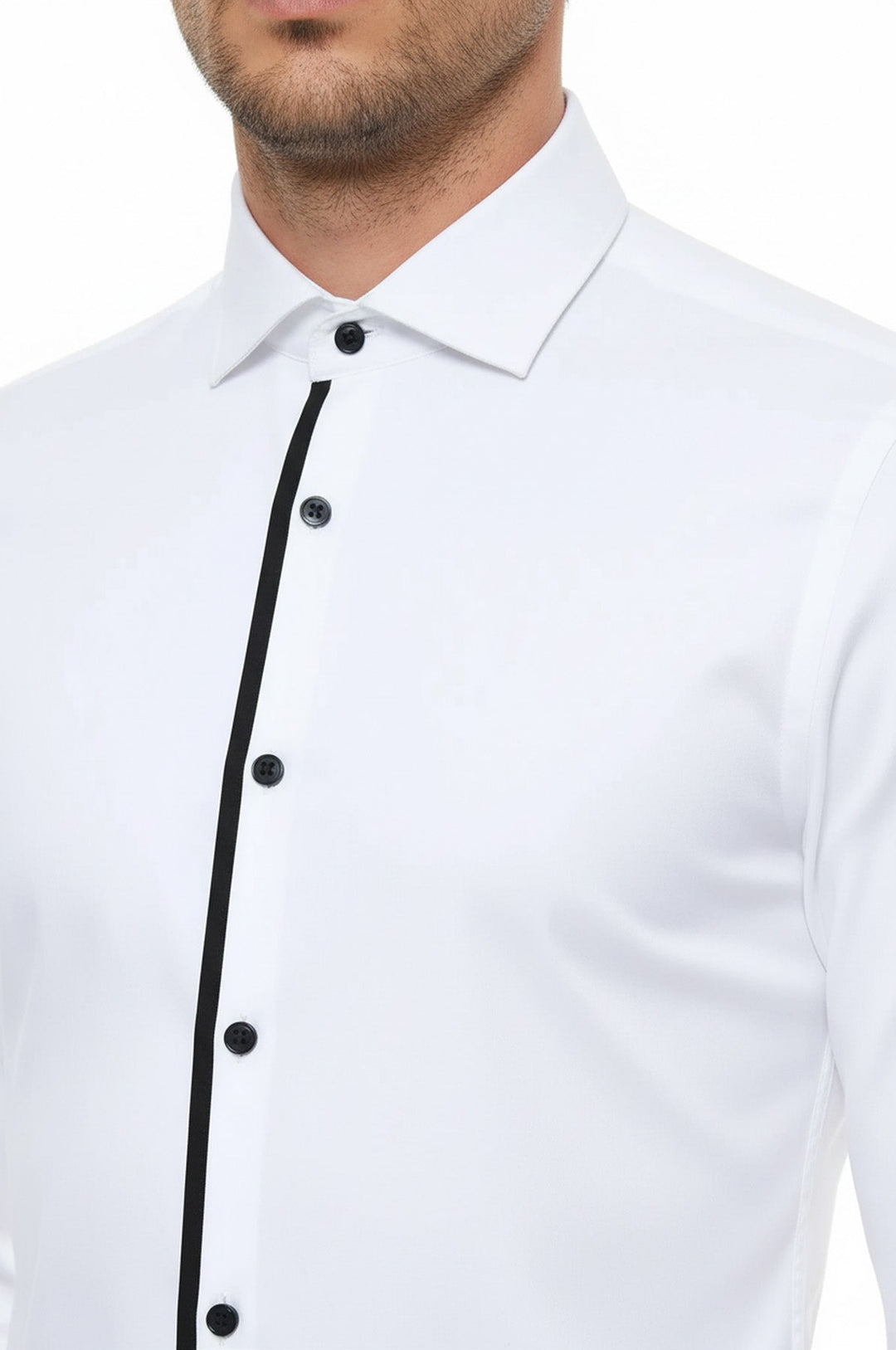 Camisa de esmoquin blanca de manga larga con botones negros para hombre