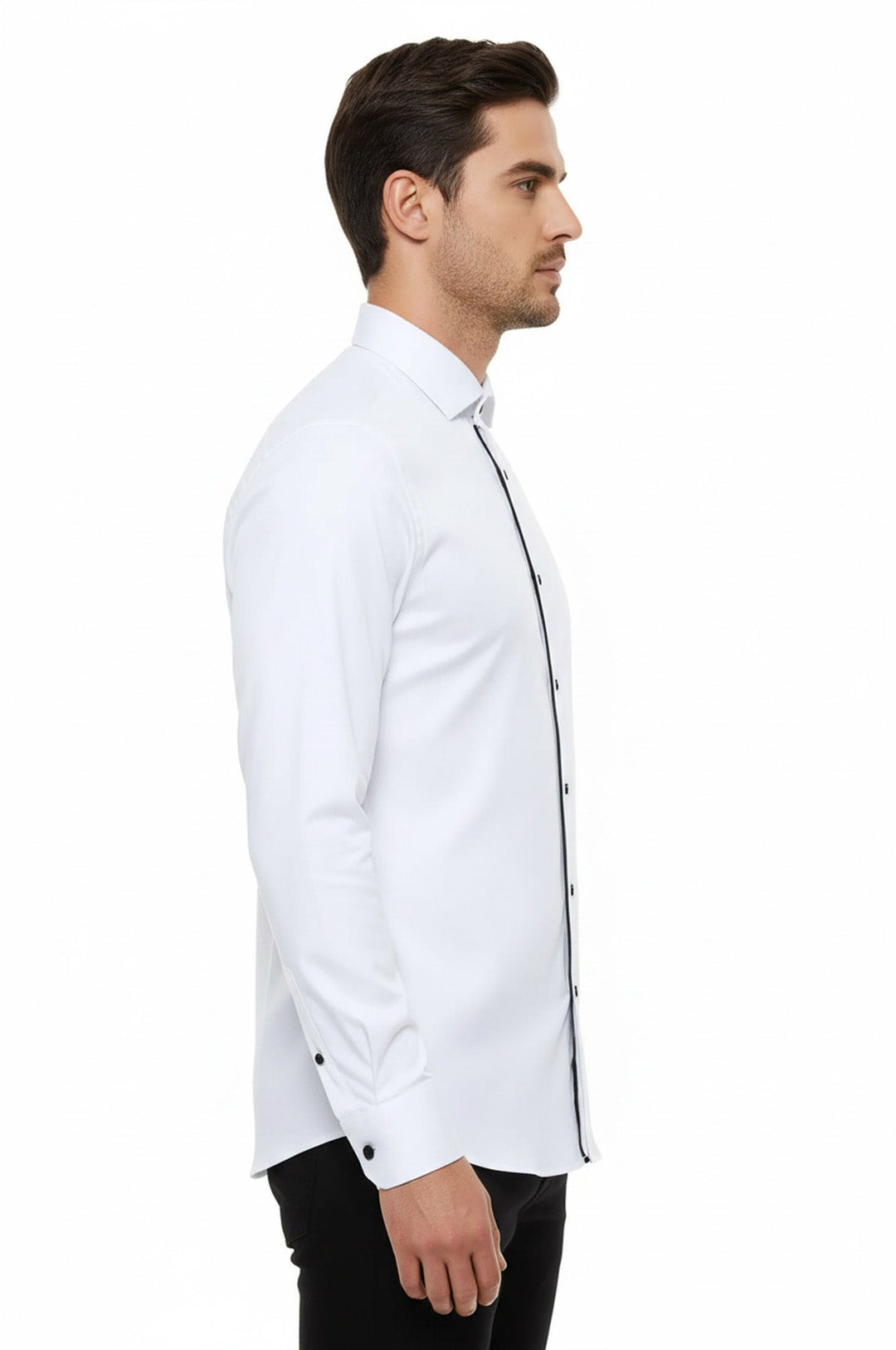 Camisa de esmoquin blanca de manga larga con botones negros para hombre