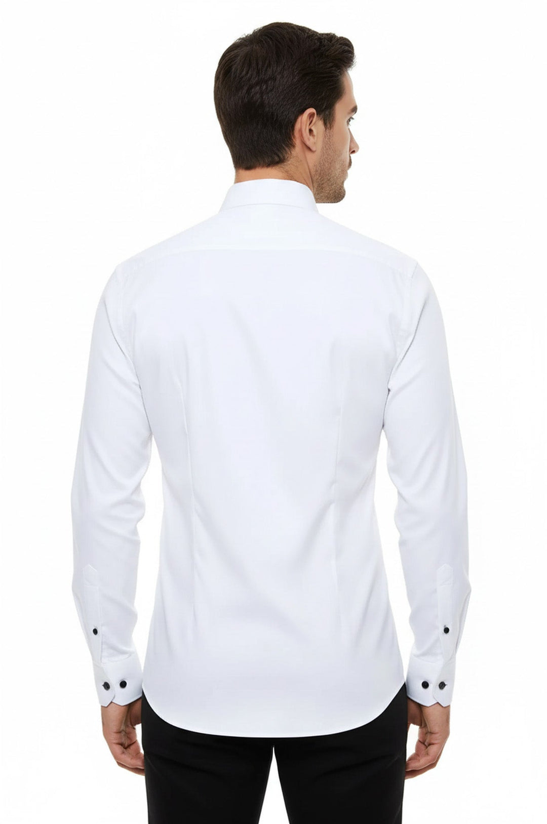 Camisa de esmoquin blanca de manga larga con botones negros para hombre
