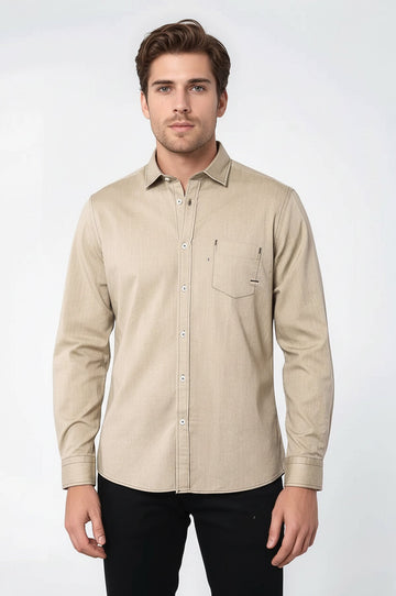 Cotton Long Sleeves Beige Men Shirt - Wessi
