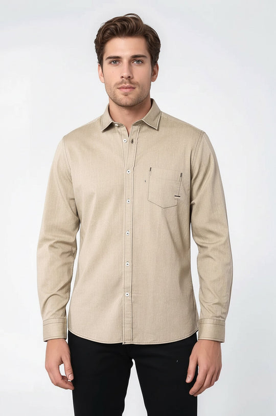 Cotton Long Sleeves Beige Men Shirt - Wessi