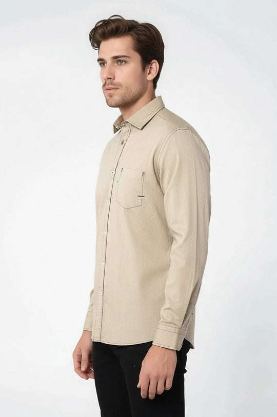Cotton Long Sleeves Beige Men Shirt - Wessi