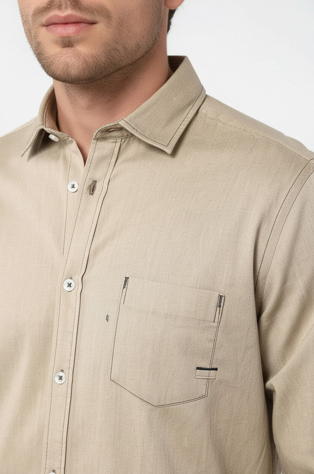 Cotton Long Sleeves Beige Men Shirt - Wessi