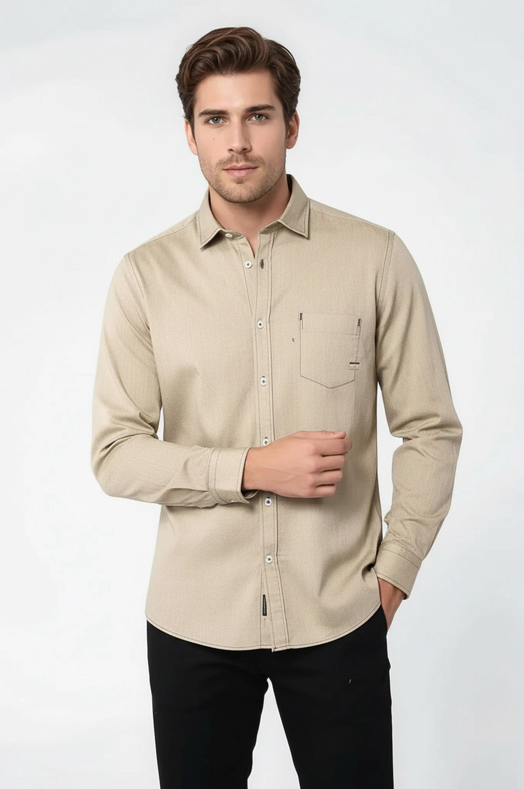 Cotton Long Sleeves Beige Men Shirt - Wessi