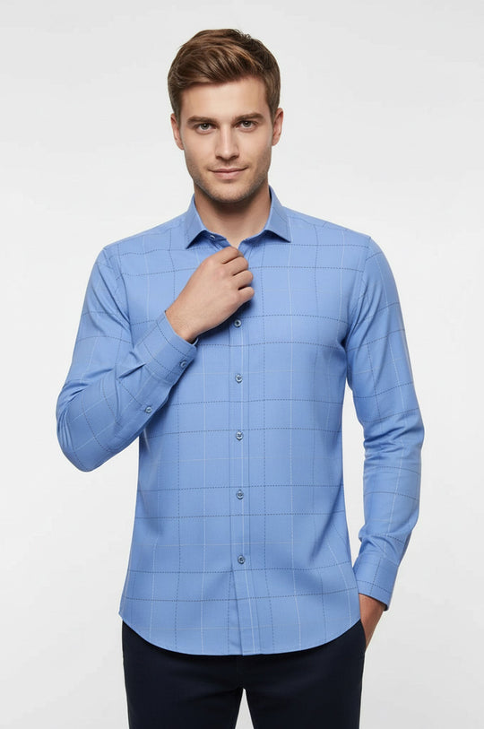 Slim Fit Plaid Blue Shirt - Wessi