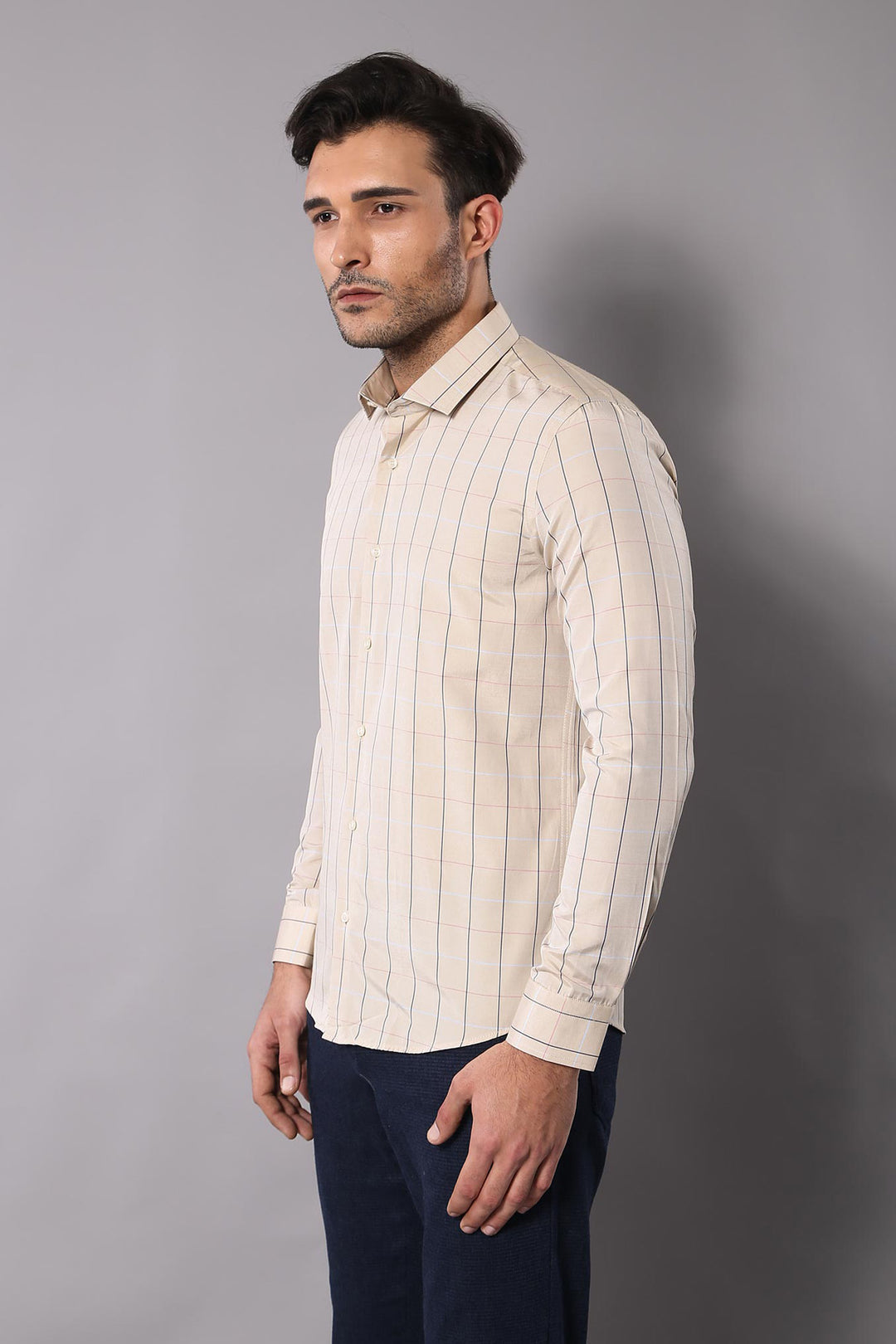 Camicia da uomo a quadri beige slim fit | Wess