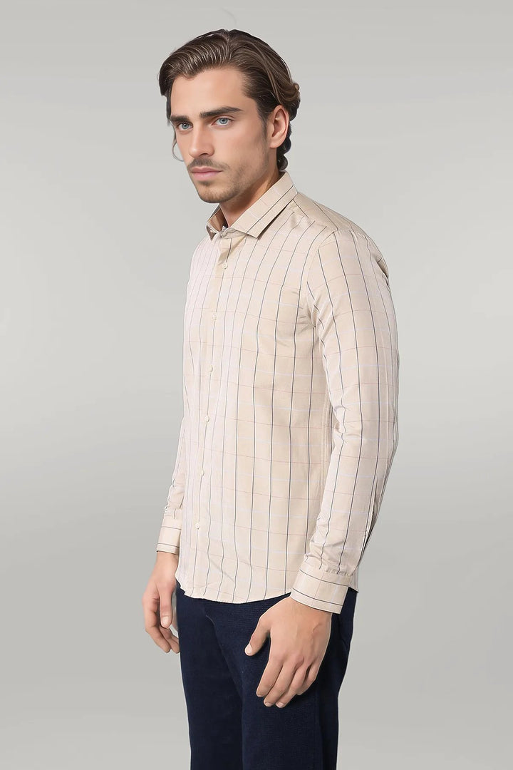 Beige Slim Fit Plaid Men's Shirt | Wessi