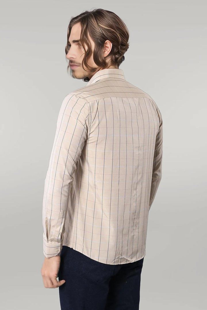 Beige Slim Fit Plaid Men's Shirt | Wessi