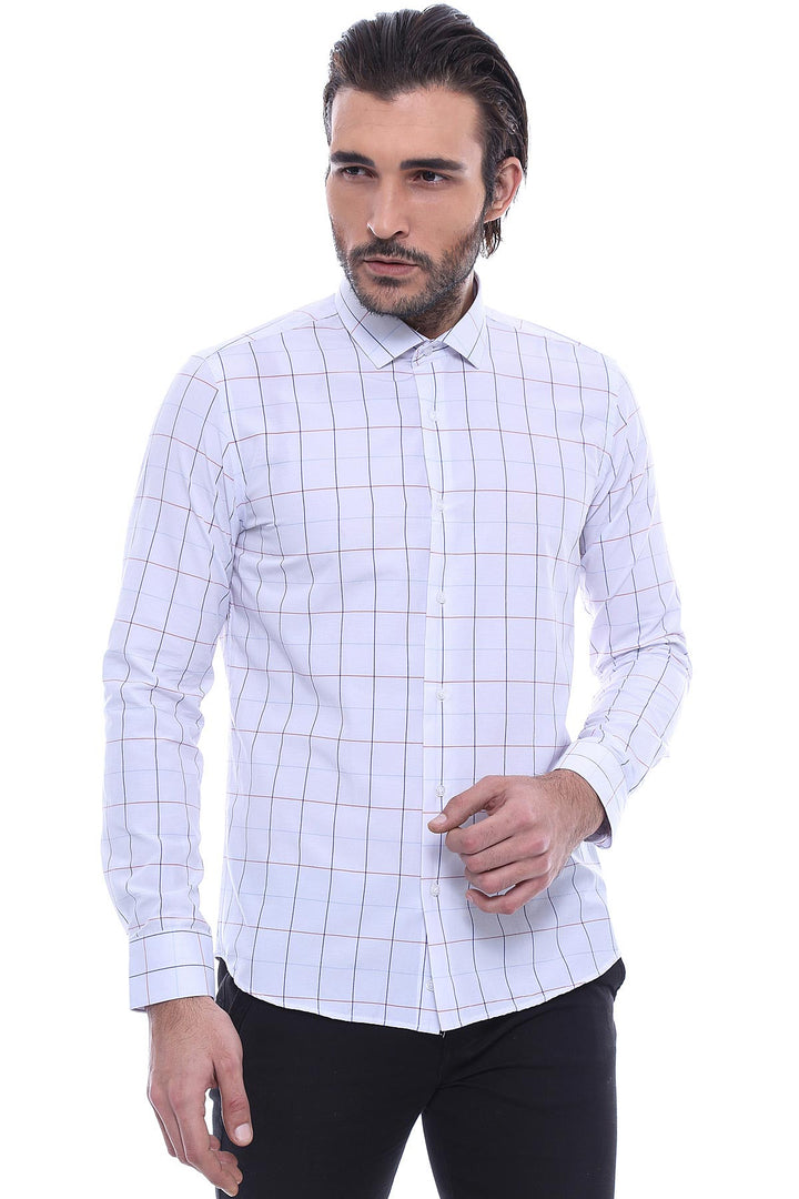 White Slim Fit Plaid Men's Shirt | Wessi