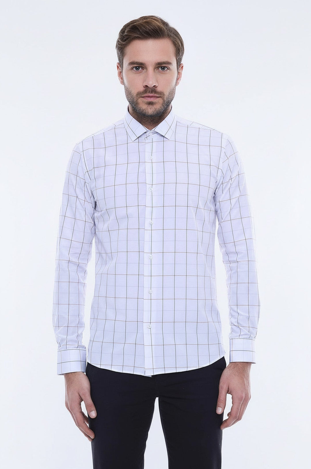 White Slim Fit Plaid Men's Shirt | Wessi
