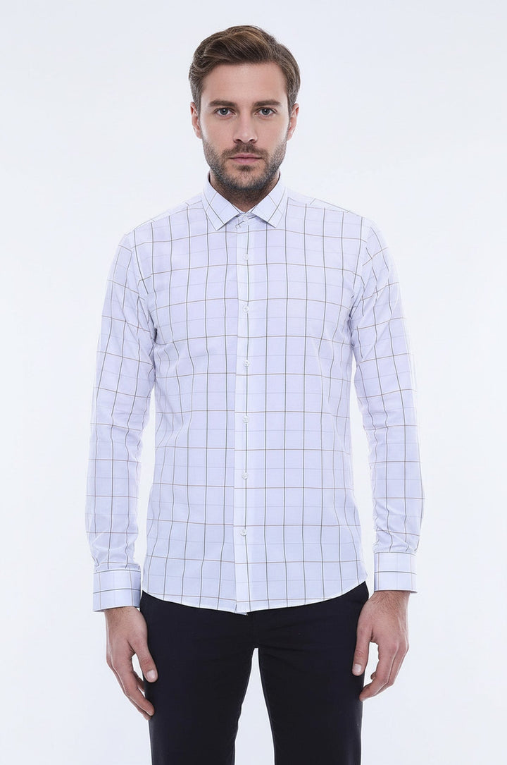 White Slim Fit Plaid Men's Shirt | Wessi