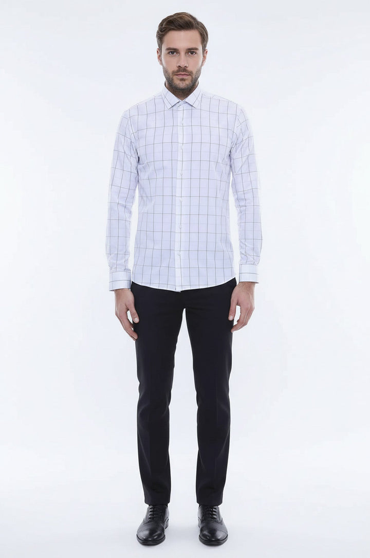 White Slim Fit Plaid Men's Shirt | Wessi