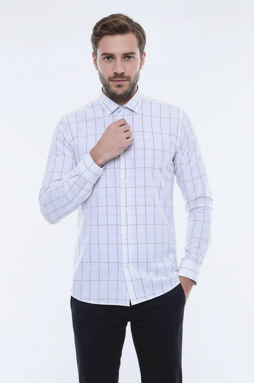 White Slim Fit Plaid Men's Shirt | Wessi