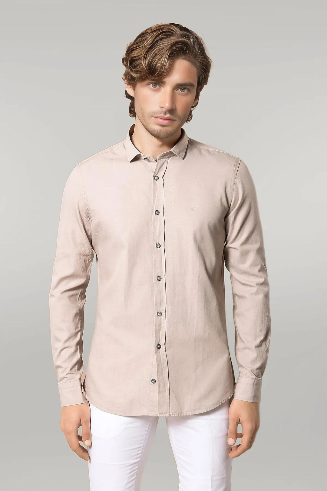 Patterned Cotton Slim Fit Beige Shirt - Wessi