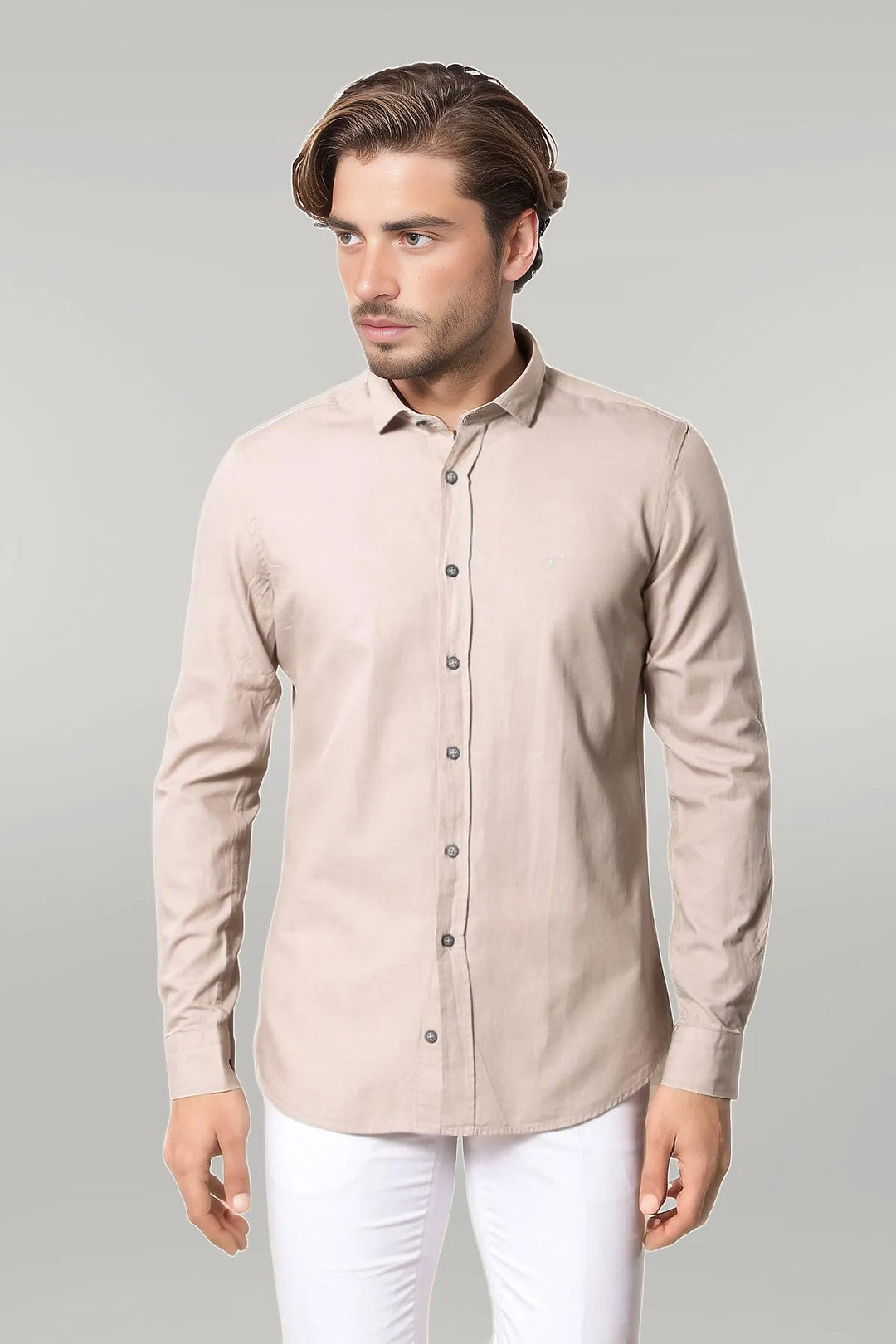 Patterned Cotton Slim Fit Beige Shirt - Wessi