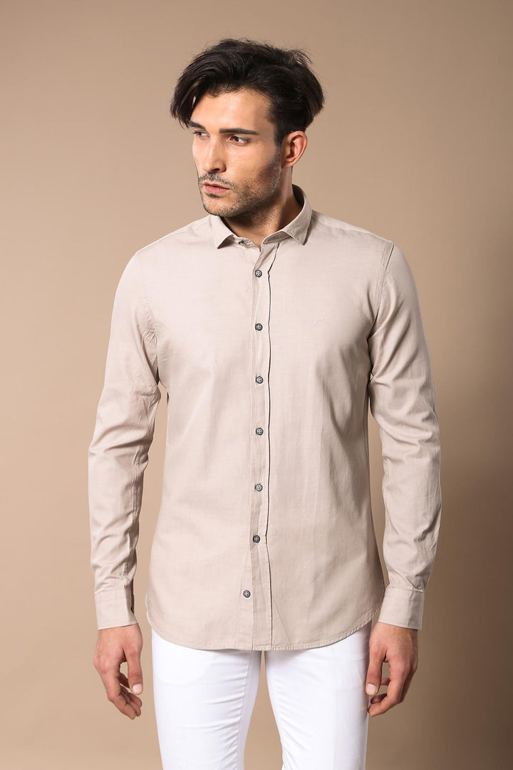 Camisa Slim Fit De Algodón Estampada Beige - Wessi