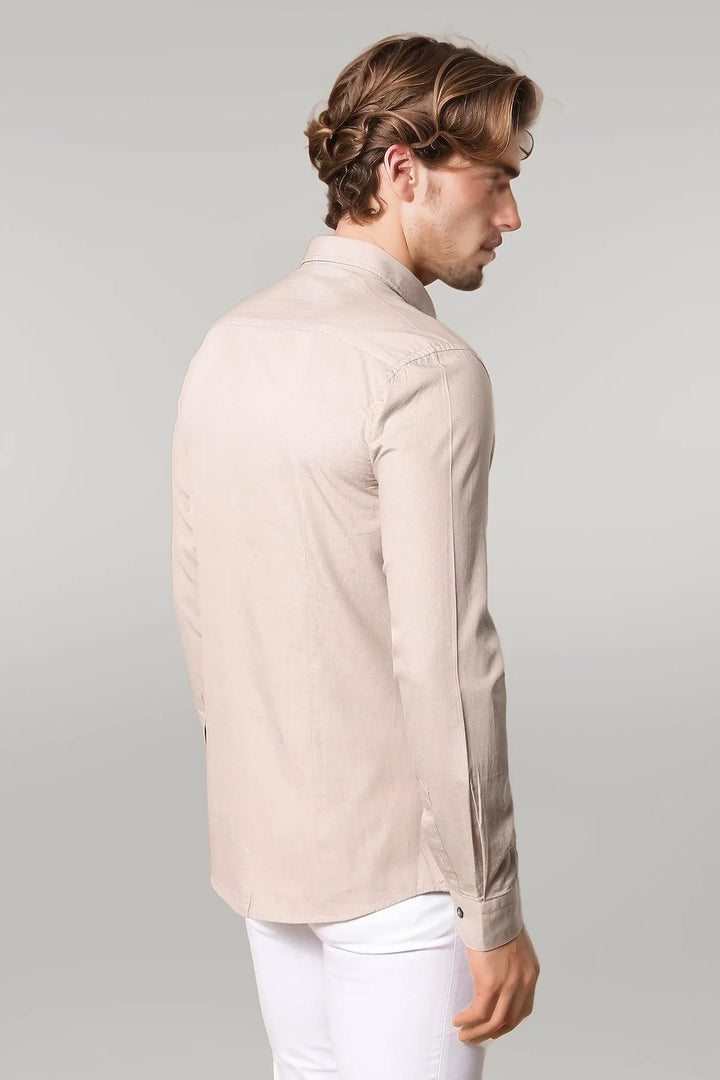 Patterned Cotton Slim Fit Beige Shirt - Wessi