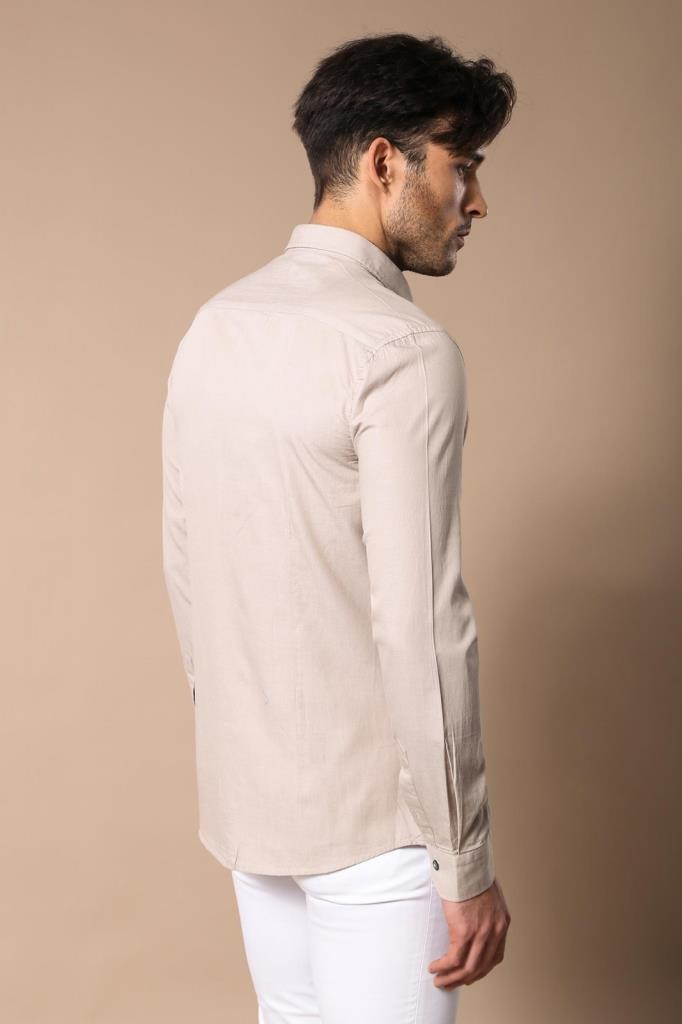 Camisa Slim Fit De Algodón Estampada Beige - Wessi