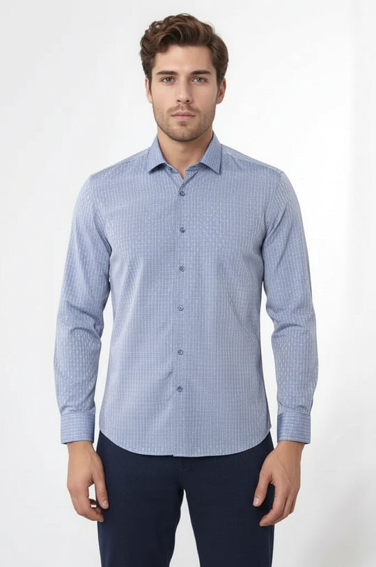 قميص أزرق بقصّة Slim Fit ومنقوش - Wessi