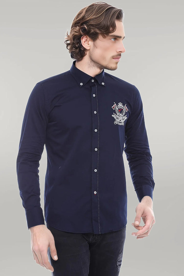 Emblemed Long Sleeve Navy Blue Shirt - Wessi