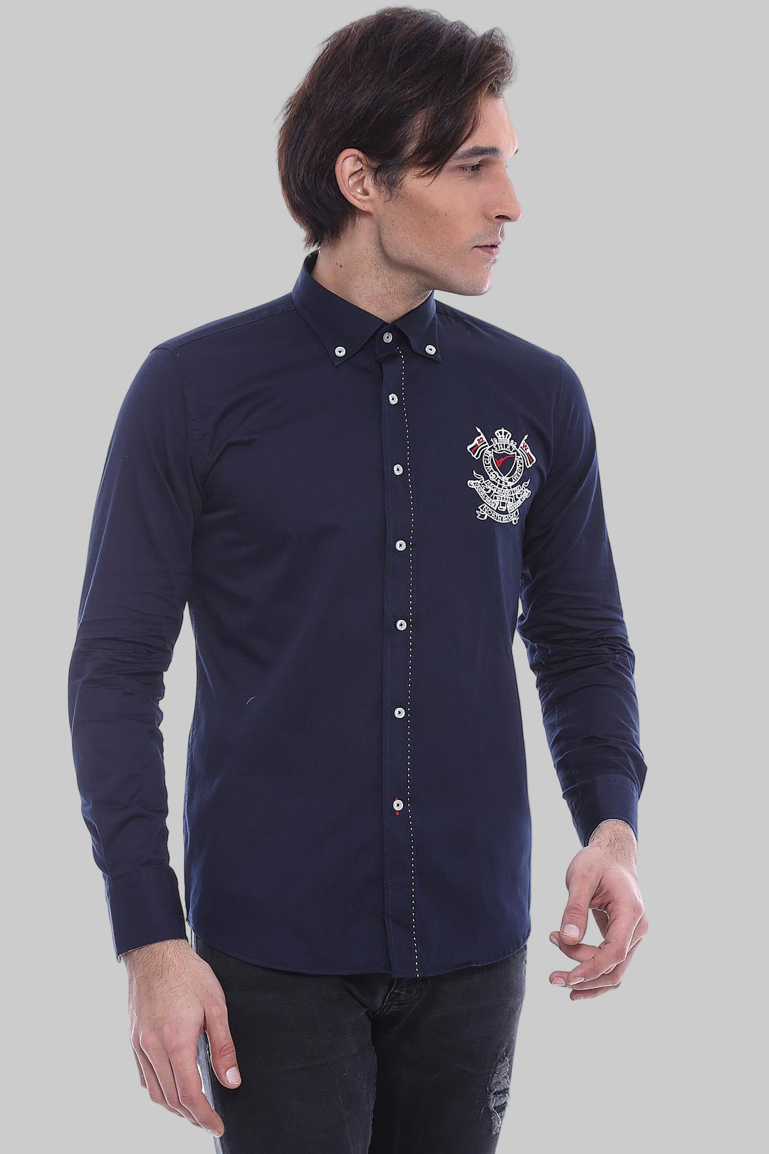 Emblemed Long Sleeve Navy Blue Shirt - Wessi