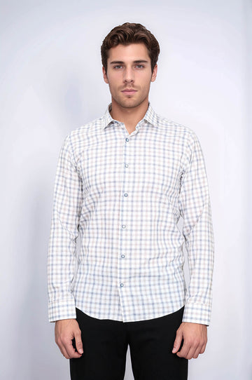 Кремовая мужская рубашка приталенного кроя в клетку - Wessi