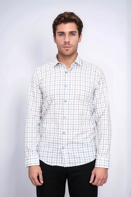 Кремовая мужская рубашка приталенного кроя в клетку - Wessi
