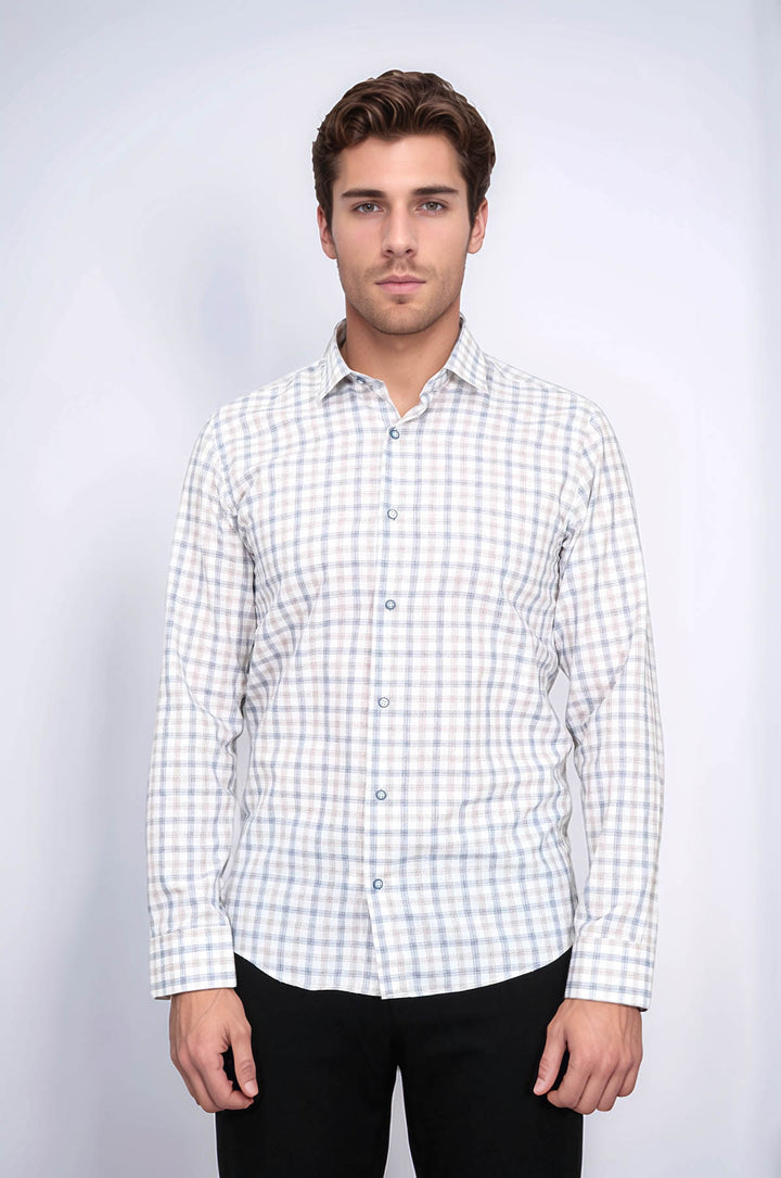 Cream Slim Fit Check Men's Shirt - Wessi