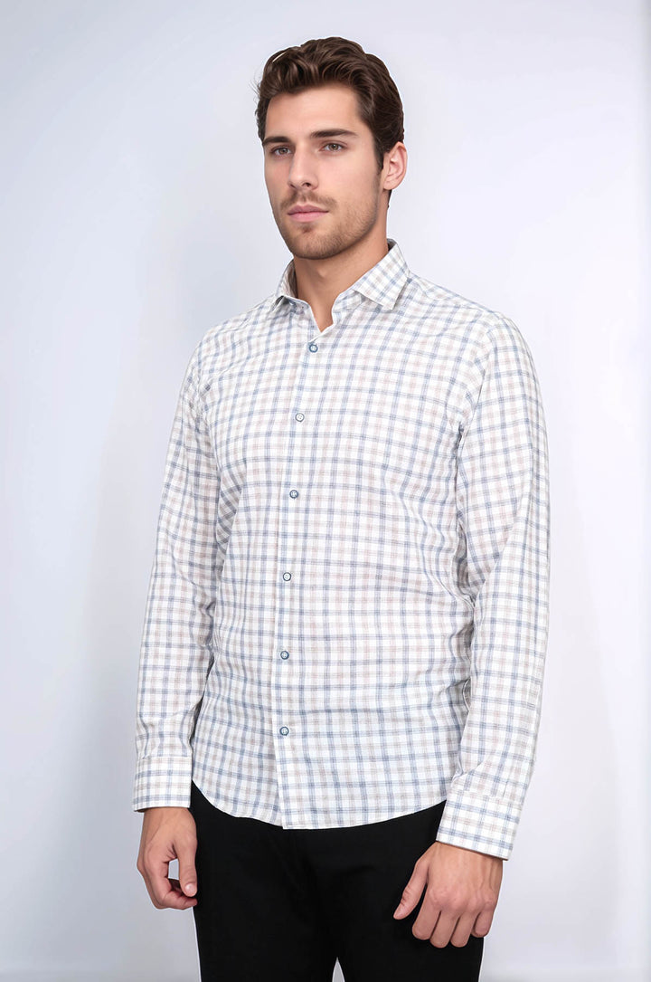 Cream Slim Fit Check Men's Shirt - Wessi