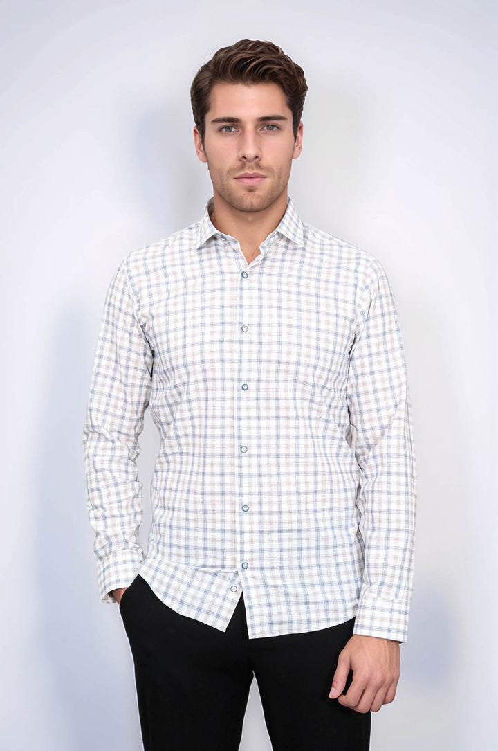 Cream Slim Fit Check Men's Shirt - Wessi