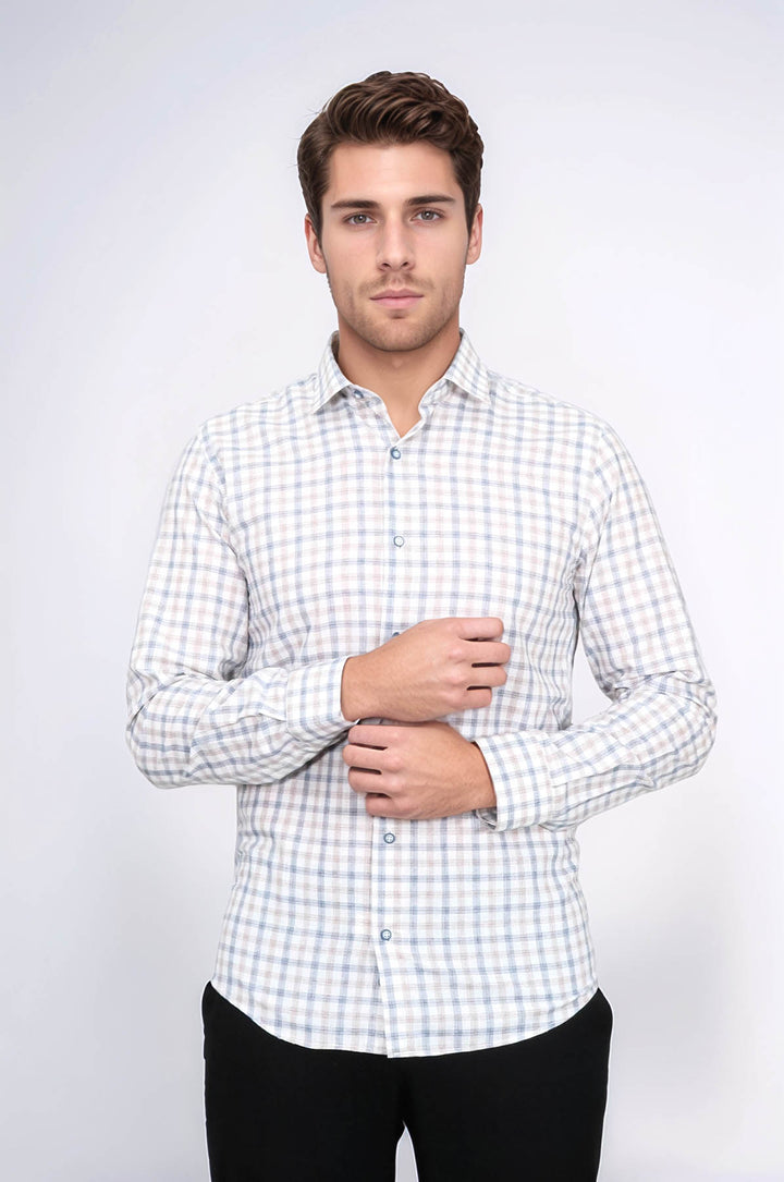 Cream Slim Fit Check Men's Shirt - Wessi