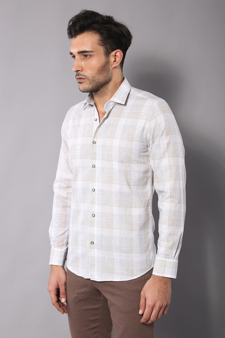 Slim Fit Checked Beige Shirt - Wessi