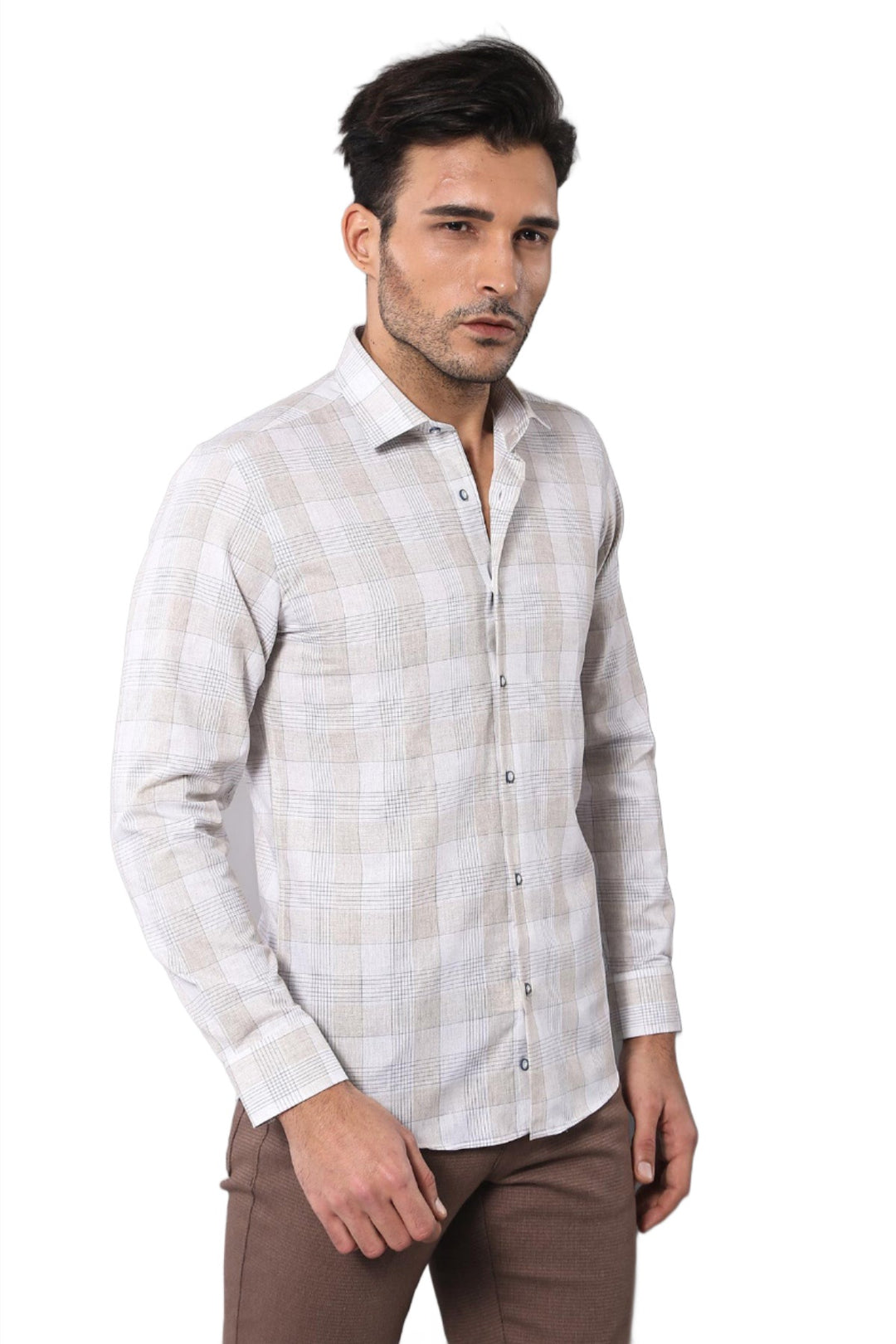 Slim Fit Checked Beige Shirt - Wessi