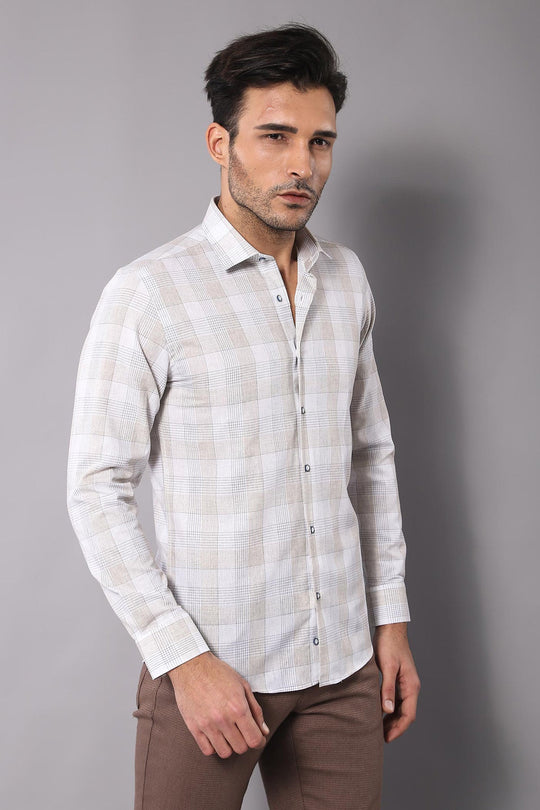 Camisa beige de cuadros de corte entallado - Wessi