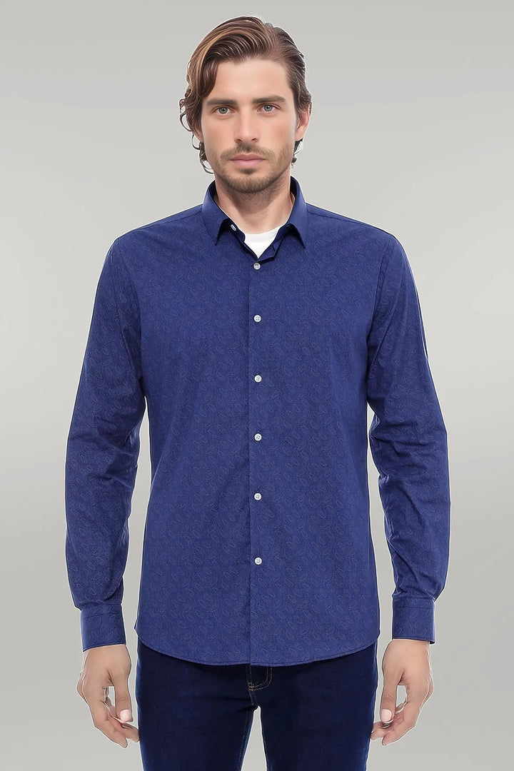 Navy Blue Floral Patterned Slim Fit Shirt - Wessi