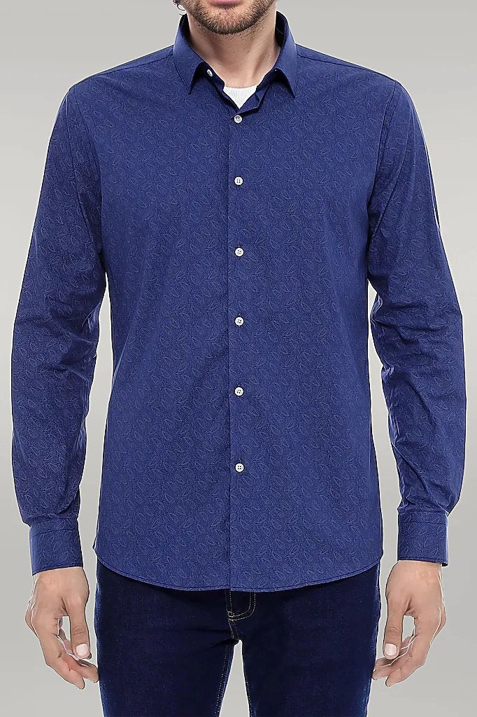 Navy Blue Floral Patterned Slim Fit Shirt - Wessi