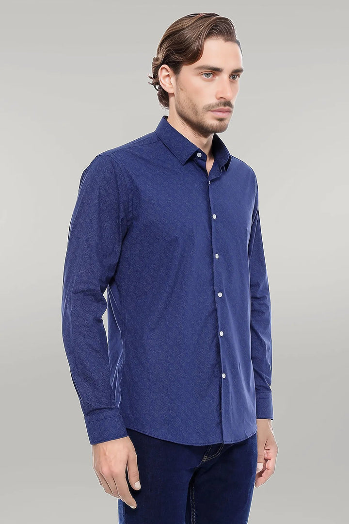 Navy Blue Floral Patterned Slim Fit Shirt - Wessi