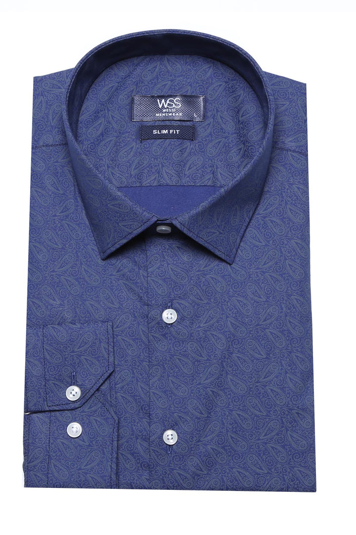 Navy Blue Floral Patterned Slim Fit Shirt - Wessi